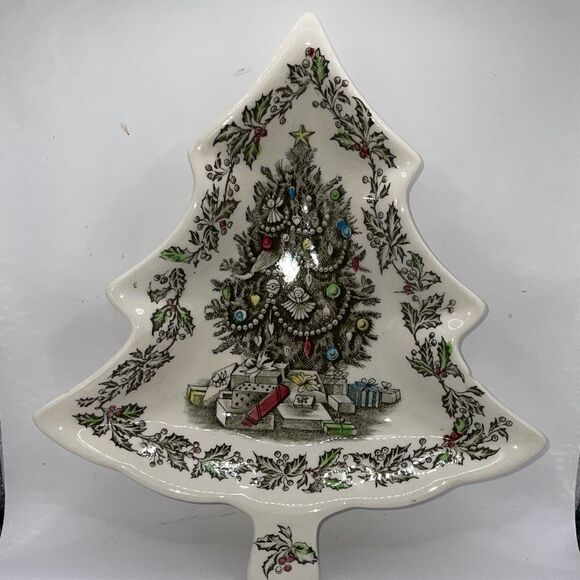 Vintage Johnson Bros Merry Christmas 8” Tree Shaped Candy Dish Plate England - Picture 1 of 5